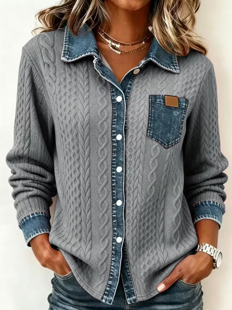 Eryna - Maglia a Maniche Lunghe Con Motivo a Trecce e Colletto in Denim