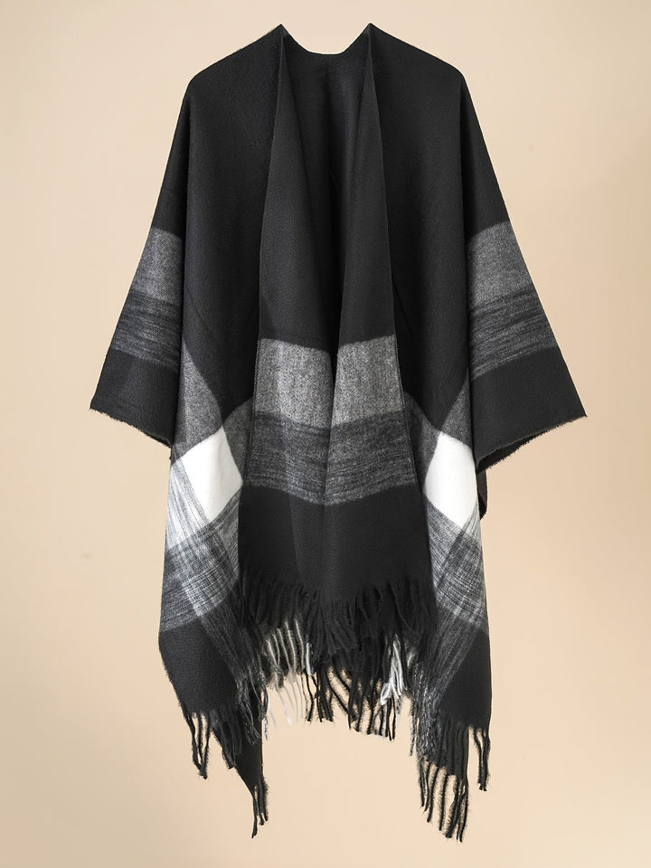 Kyrine - Poncho Scialle Con Frange E Motivo Geometrico