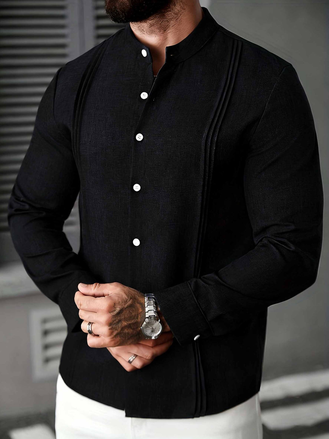 Elshan - Camicia a Maniche Lunghe Con Colletto Alla Coreana E Bottoni