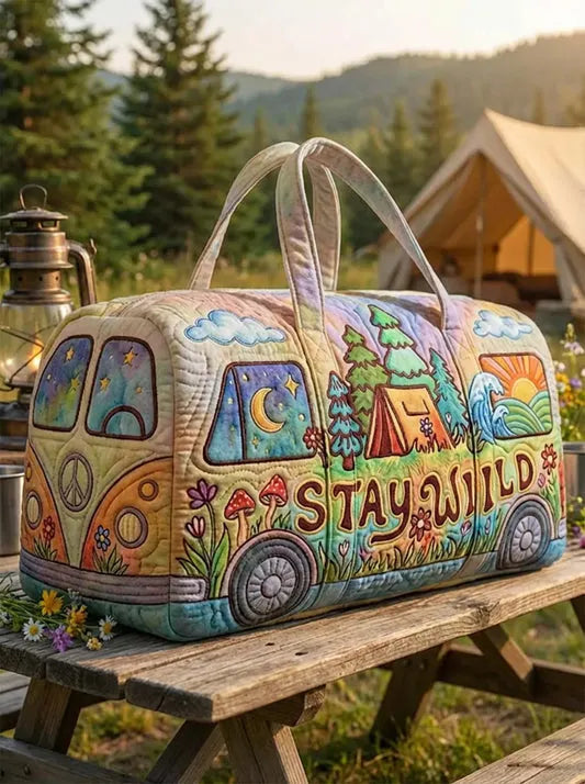 RetroBloom - Borsa da Viaggio Trapuntata Con Stampa Vintage di Camper