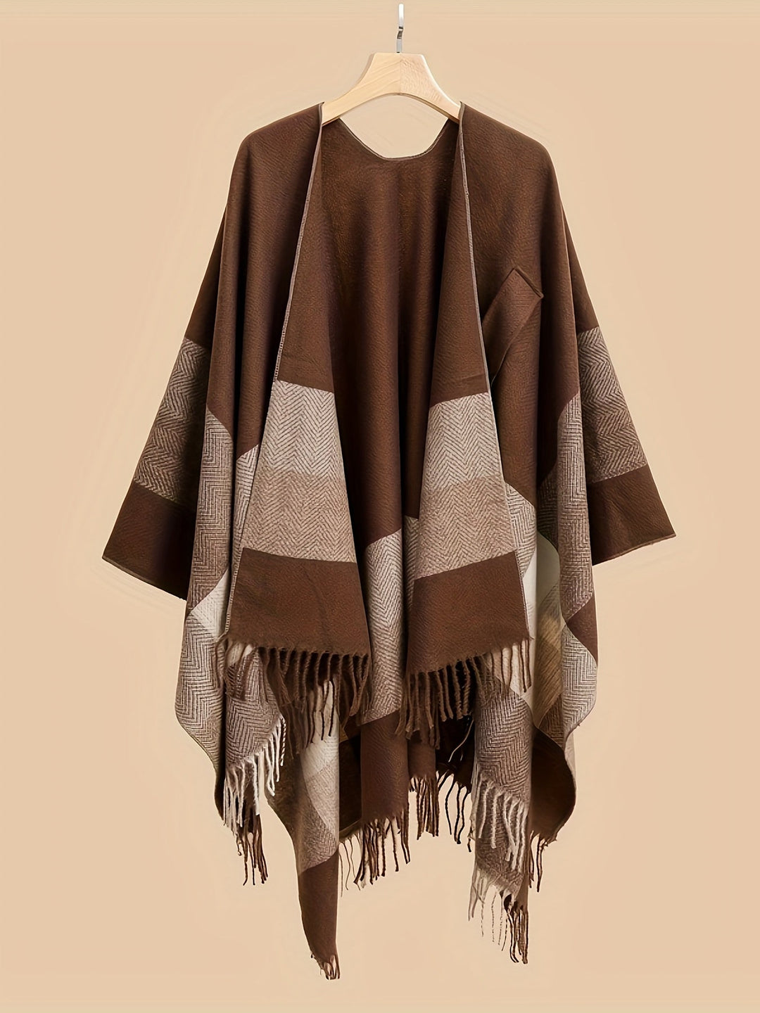 Kyrine - Poncho Scialle Con Frange E Motivo Geometrico