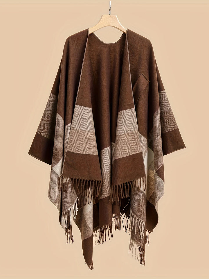 Kyrine - Poncho Scialle Con Frange E Motivo Geometrico