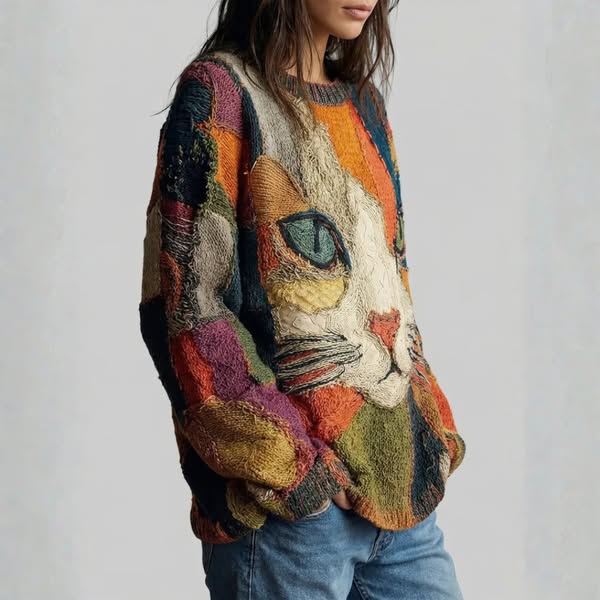 Chaya - Top Casual Artistico Con Motivo Patchwork a Forma di Faccia di Gatto