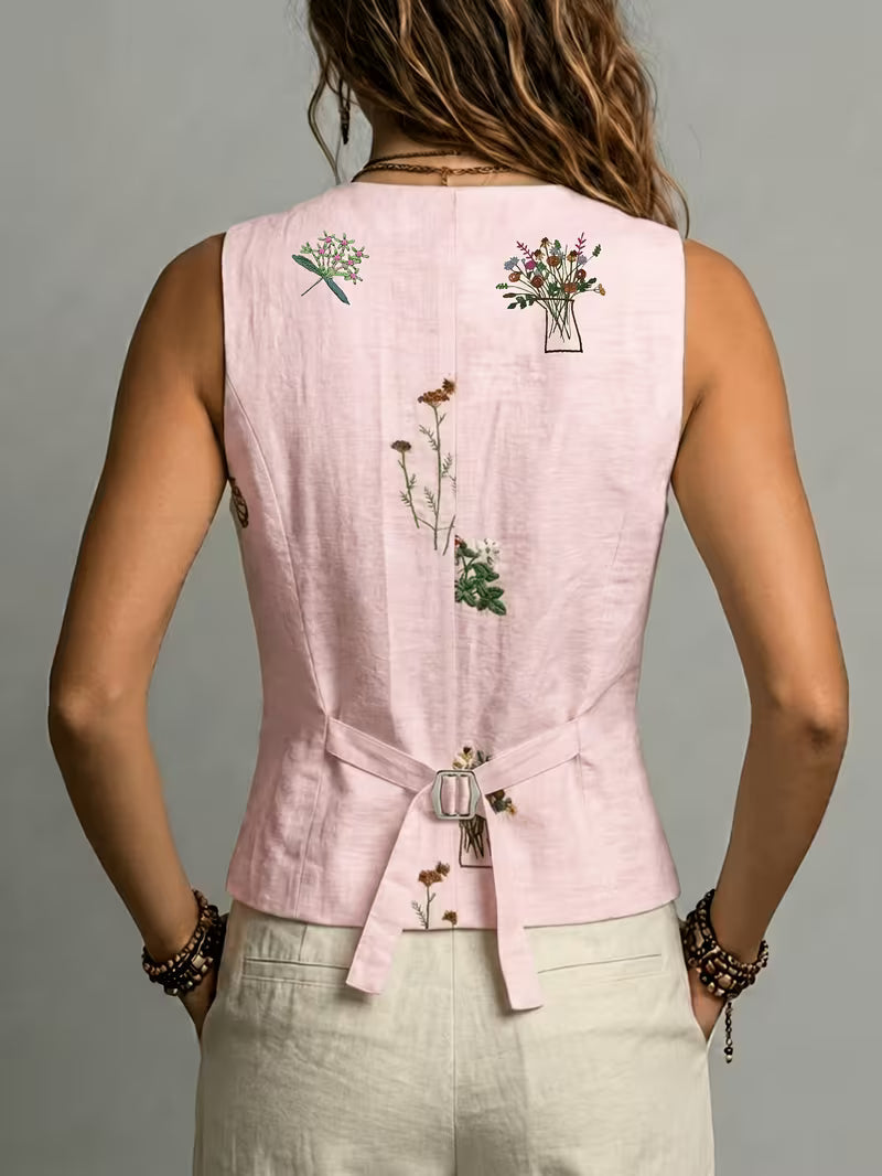 Zarelle - Gilet Senza Maniche in Lino Ricamato