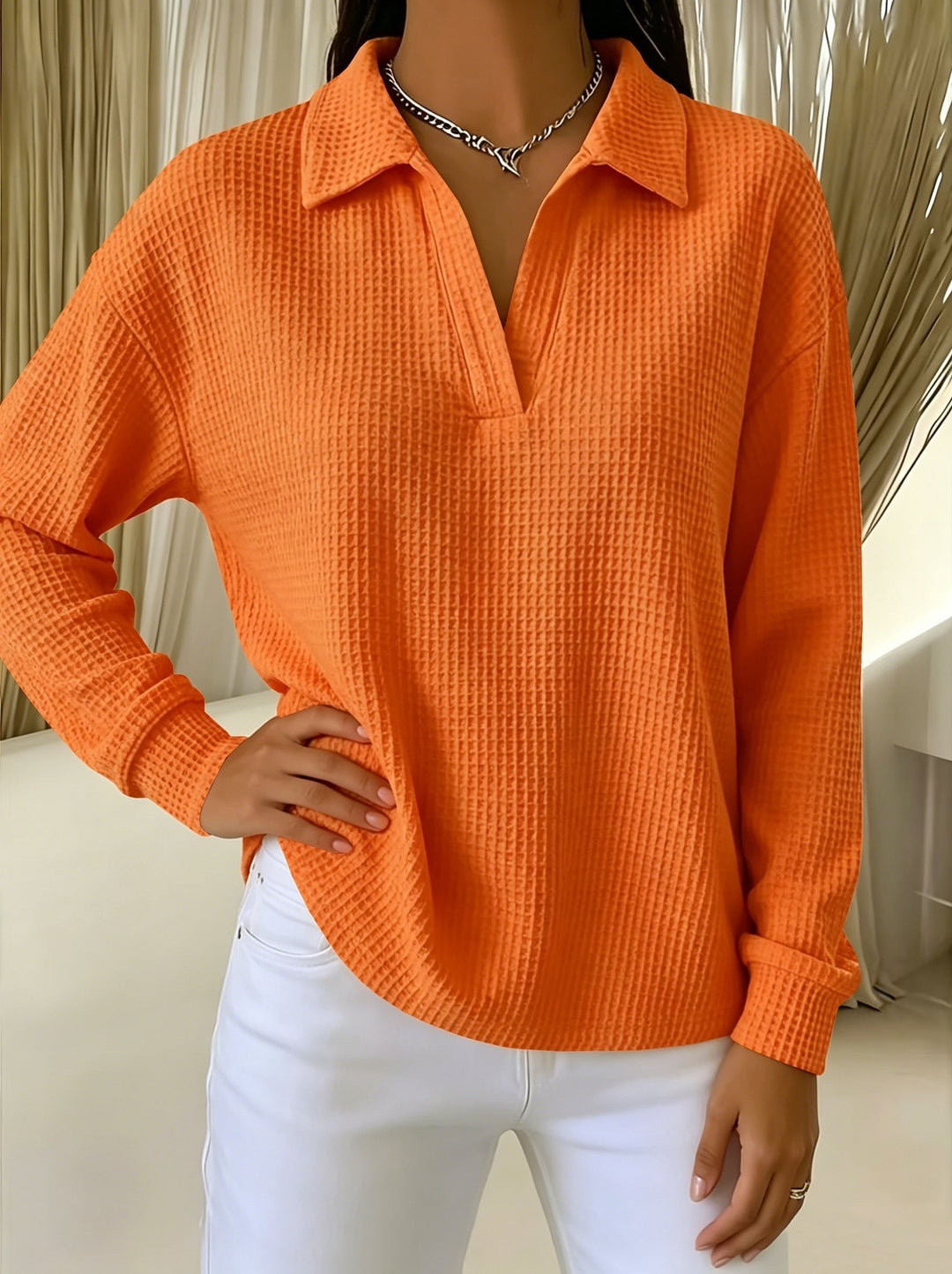 Nastya - Elegante Camicia Con Colletto Polo a Trama a Nido D'ape