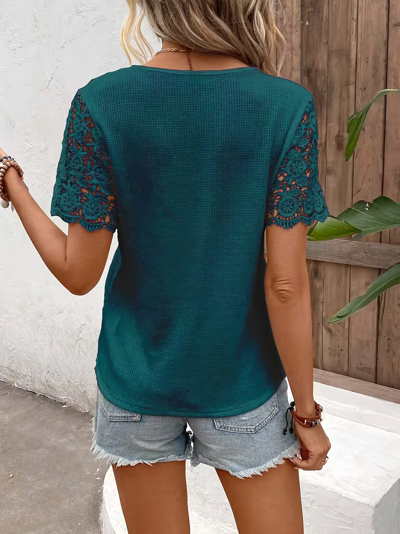 Sinna - Top a Maniche Corte Con Scollo a V E Inserti in Pizzo