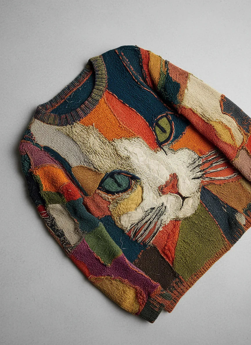 Chaya - Top Casual Artistico Con Motivo Patchwork a Forma di Faccia di Gatto