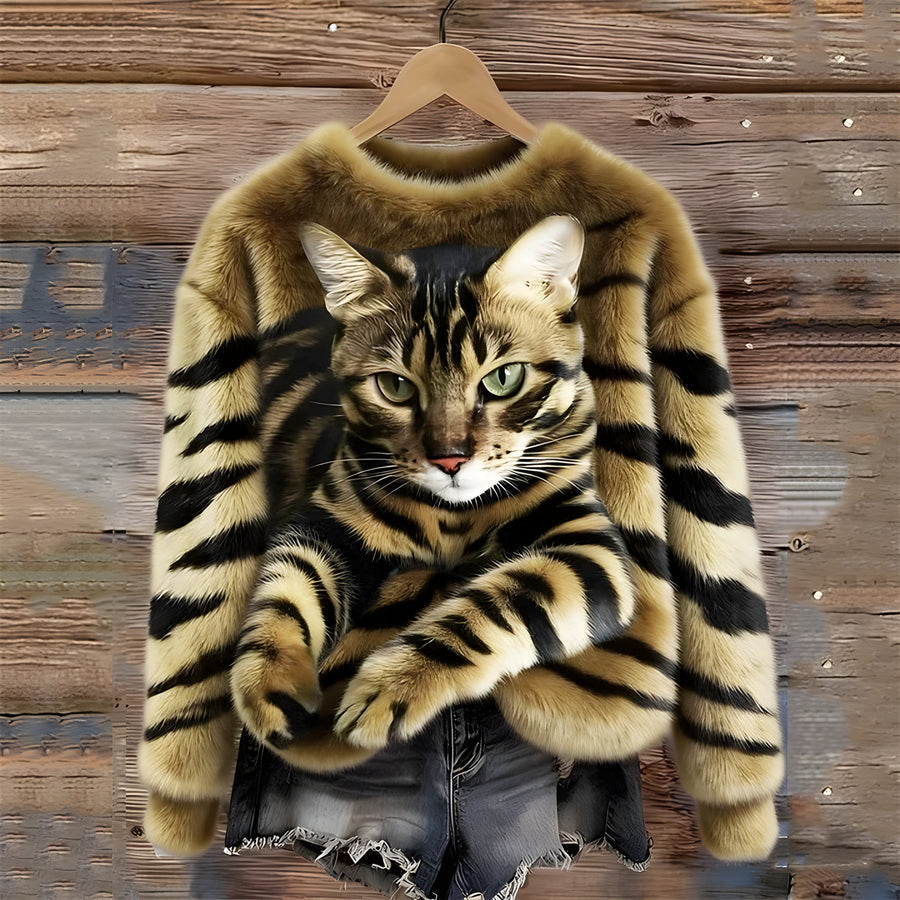 Zohara - Maglione in Pelliccia Sintetica Con Stampa Gatto