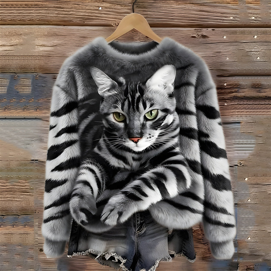 Zohara - Maglione in Pelliccia Sintetica Con Stampa Gatto