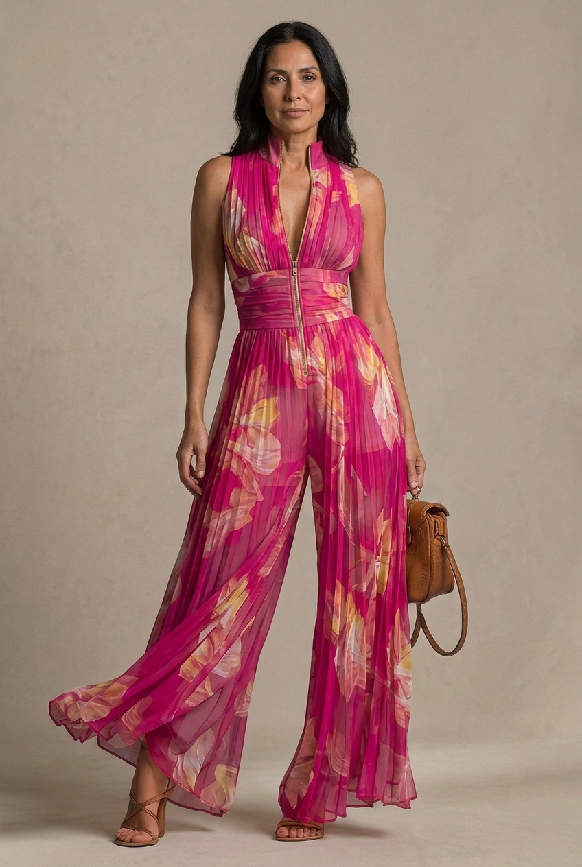Lamai -  Elegante Tuta Con Scollo All'americana, Pieghe E Pantaloni a Gamba Larga