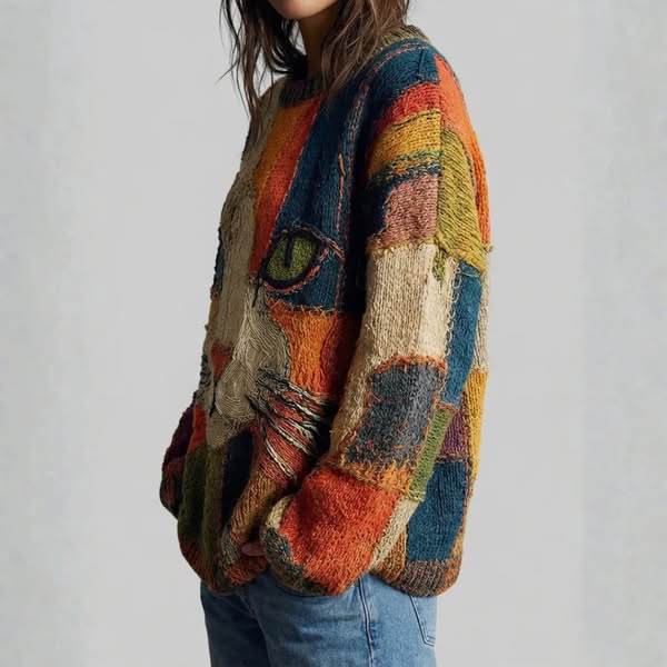 Chaya - Top Casual Artistico Con Motivo Patchwork a Forma di Faccia di Gatto