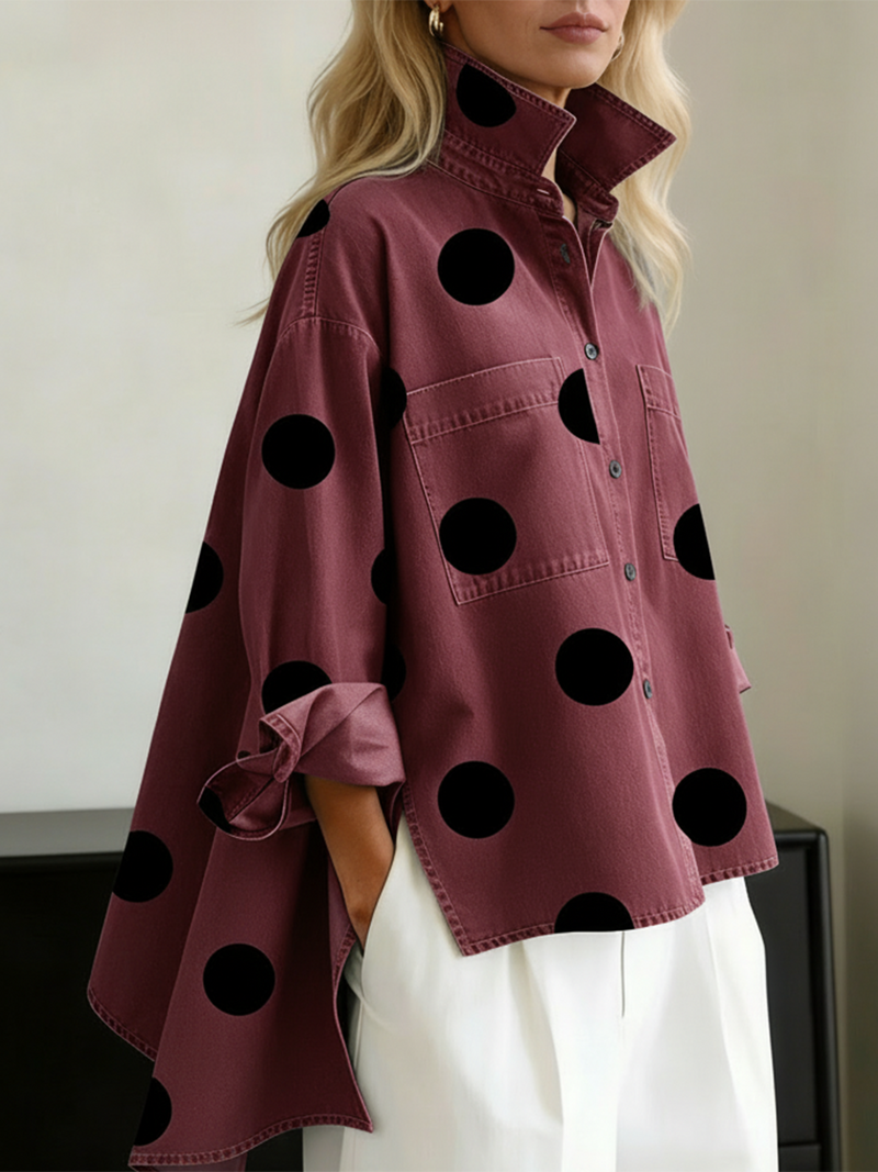 Shayner - Camicia in Denim a Maniche Lunghe Con Bottoni e Motivo a Pois