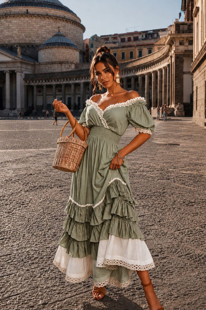 Naeun - Abito Maxi Con Spalle Scoperte Balze e Bordi in Pizzo