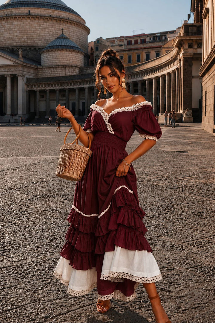Naeun - Abito Maxi Con Spalle Scoperte Balze e Bordi in Pizzo