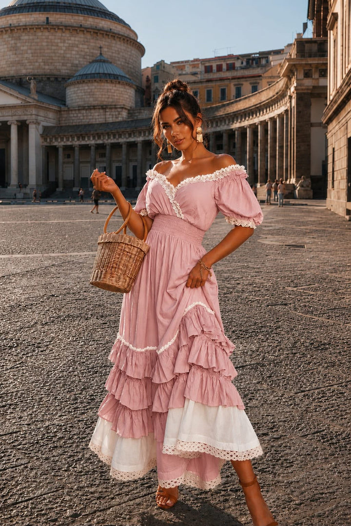 Naeun - Abito Maxi Con Spalle Scoperte Balze e Bordi in Pizzo
