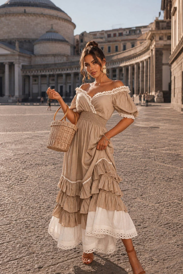 Naeun - Abito Maxi Con Spalle Scoperte Balze e Bordi in Pizzo