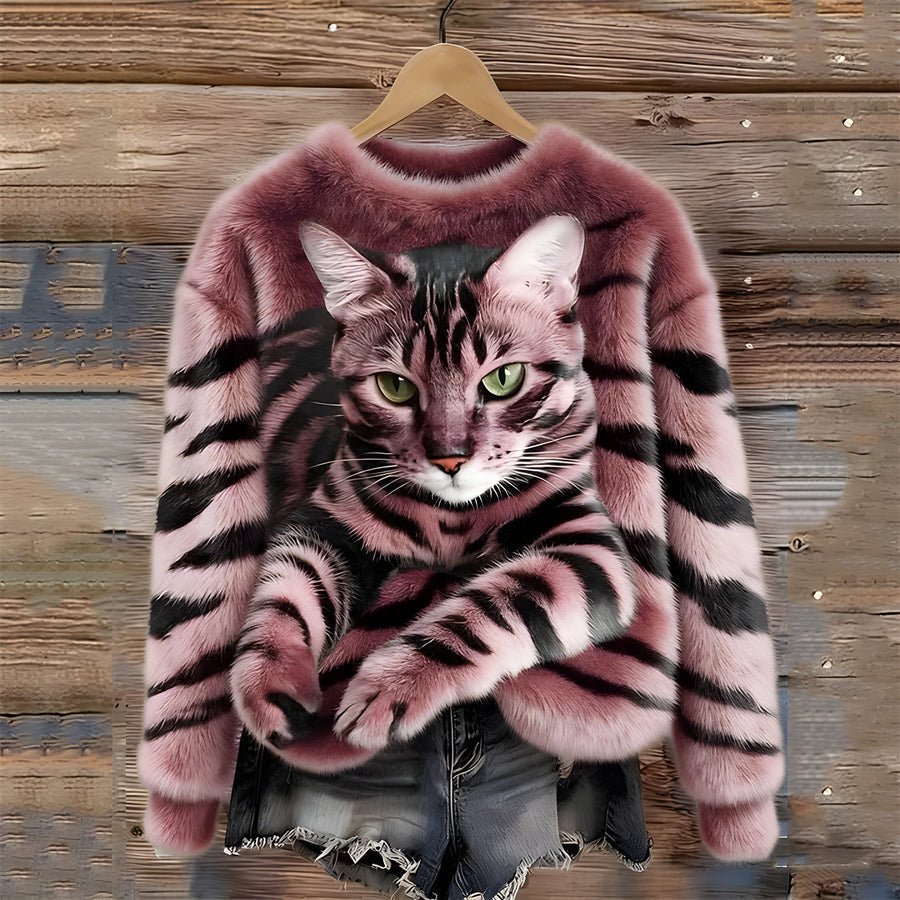 Zohara - Maglione in Pelliccia Sintetica Con Stampa Gatto