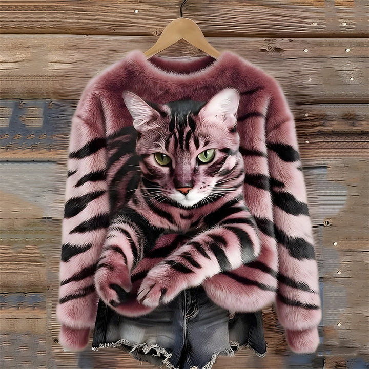 Zohara - Maglione in Pelliccia Sintetica Con Stampa Gatto