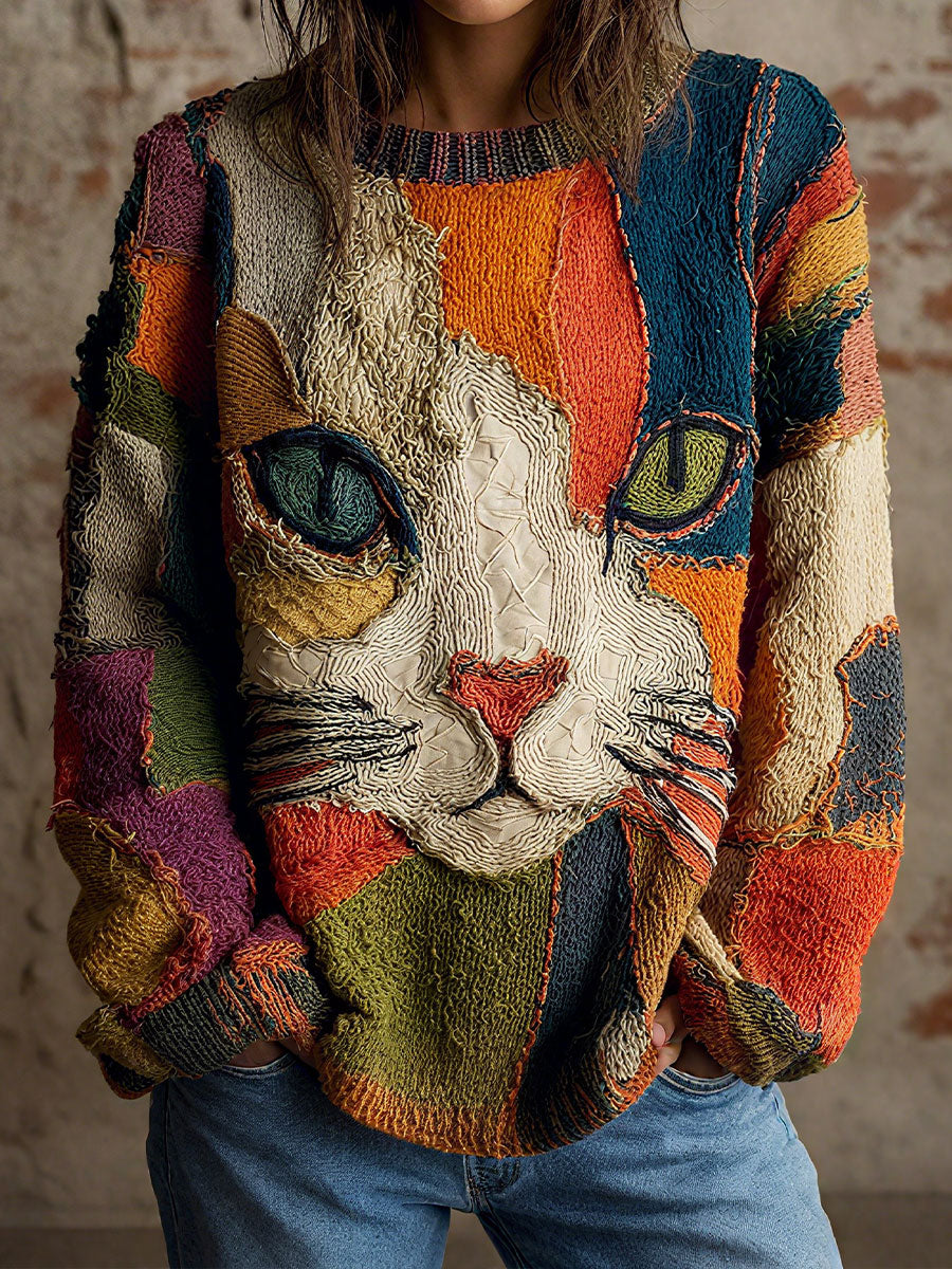 Chaya - Top Casual Artistico Con Motivo Patchwork a Forma di Faccia di Gatto