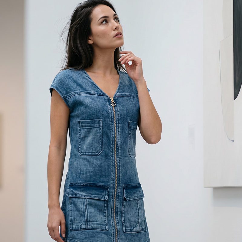 Esinila - Abito In Denim Con Maniche Corte e Chiusura a Zip