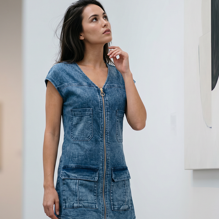 Esinila - Abito In Denim Con Maniche Corte e Chiusura a Zip