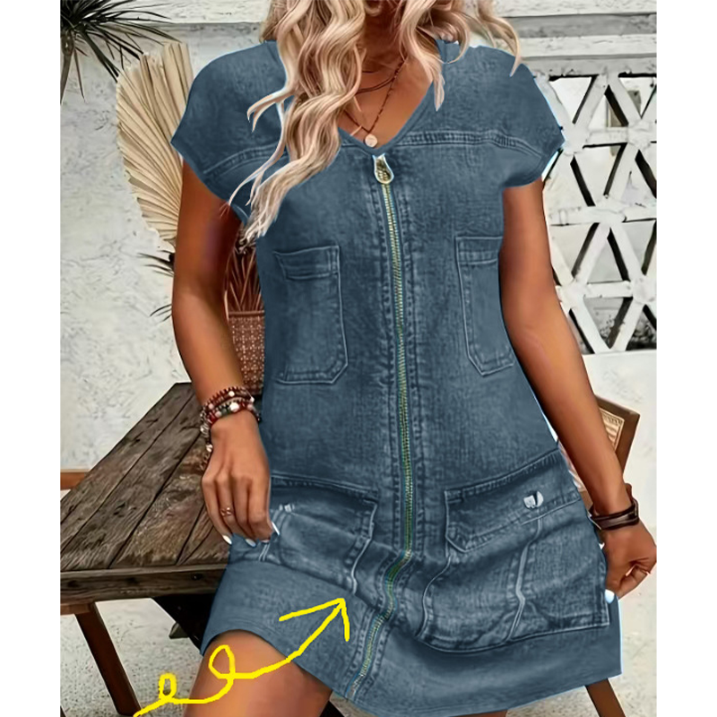 Esinila - Abito In Denim Con Maniche Corte e Chiusura a Zip