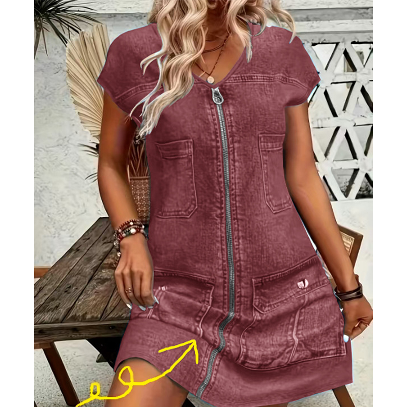 Esinila - Abito In Denim Con Maniche Corte e Chiusura a Zip