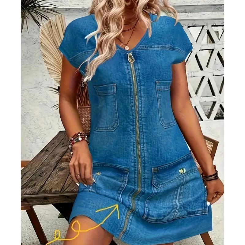 Esinila - Abito In Denim Con Maniche Corte e Chiusura a Zip