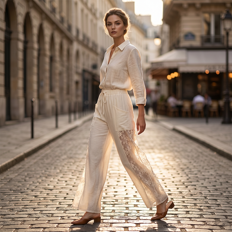 Qerina - Pantaloni Con Delicati Inserti in Pizzo Floreale