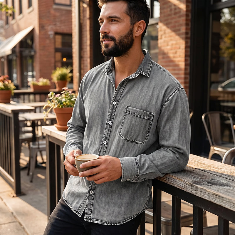 Brindan - Camicia in Denim a Maniche Lunghe Con Bottoni