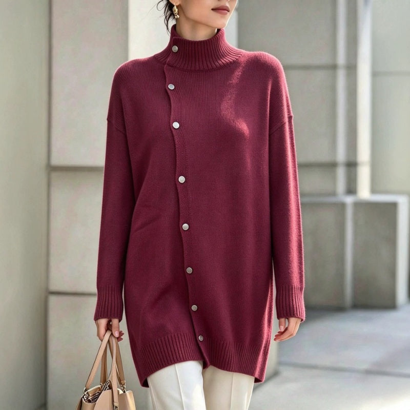 Hiroko - Maglione Lungo in Maglia con Collo Alto e Bottoni
