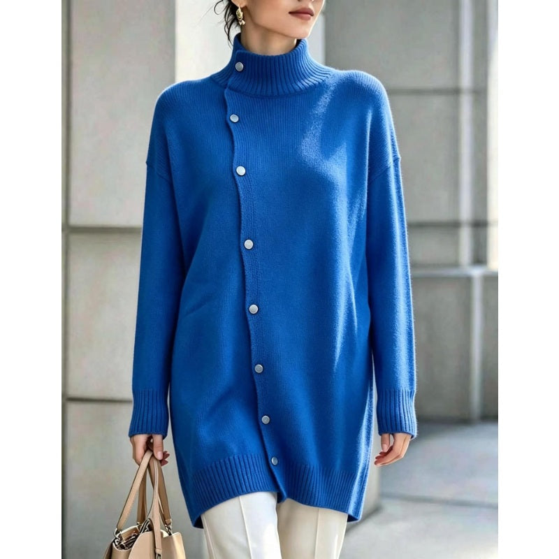 Hiroko - Maglione Lungo in Maglia con Collo Alto e Bottoni