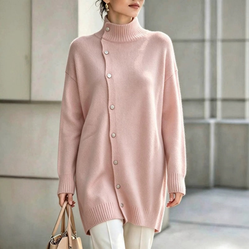 Hiroko - Maglione Lungo in Maglia con Collo Alto e Bottoni