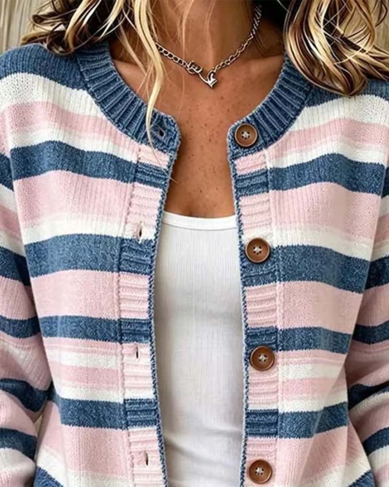 Christelle - Cardigan a Righe Con Collo Rotondo E Chiusura Monopetto