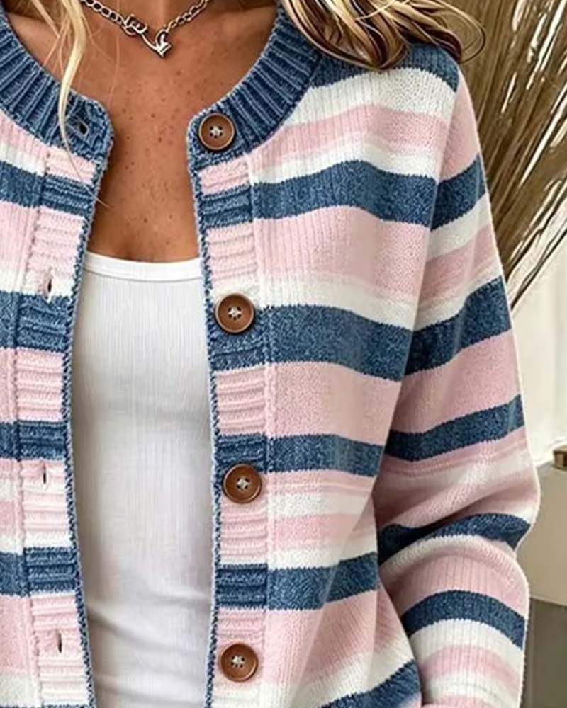 Christelle - Cardigan a Righe Con Collo Rotondo E Chiusura Monopetto