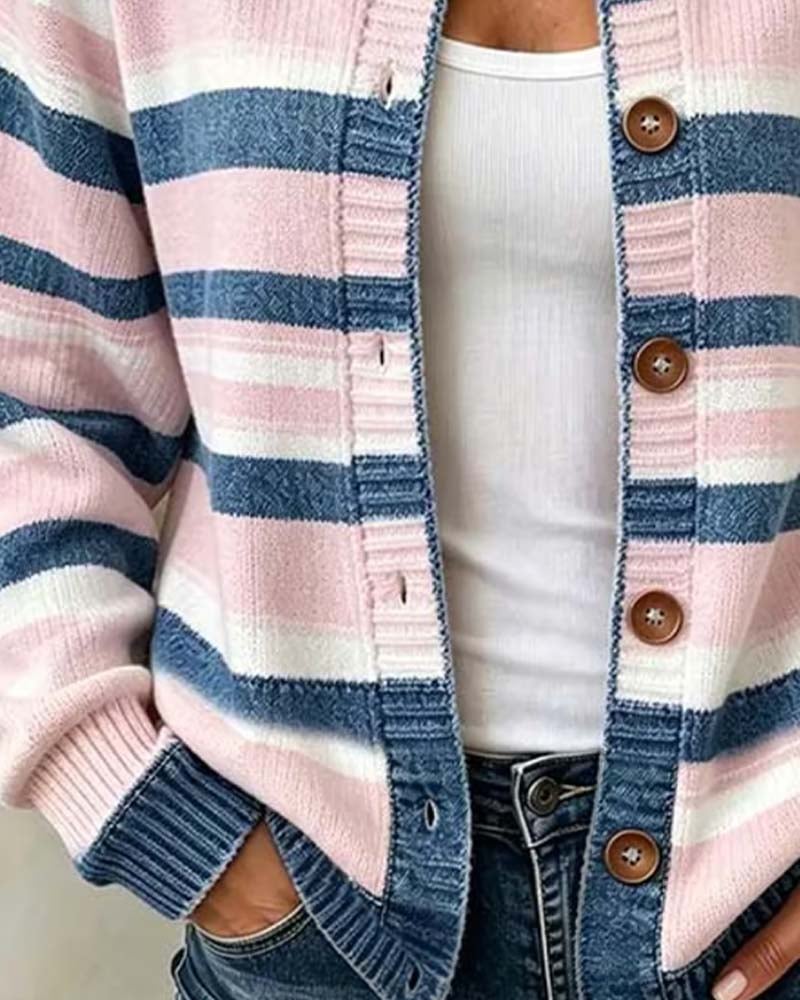 Christelle - Cardigan a Righe Con Collo Rotondo E Chiusura Monopetto
